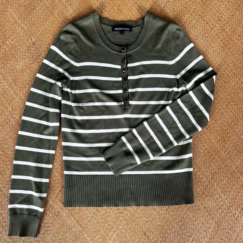 Veronica Beard Dianora Olive and White Striped Long Sleeve Knit Sweater